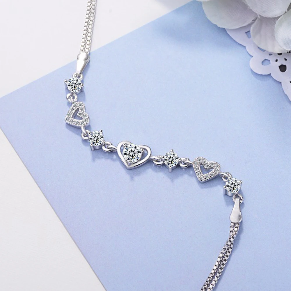 

925 Sterling Silver Charm Bangle Women's Hand Bracelets Heart Crystal Vintage Jewelry Accessories Jewellery Argent 925