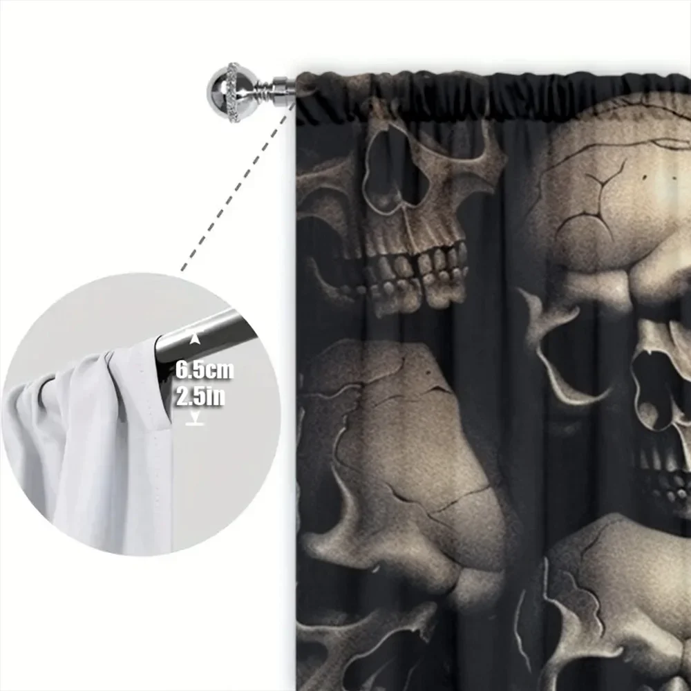 2pcs Skull Printed Curtain for Home Decor - Rod Pocket Window Treatment for Bedroom, Office, Kitchen, Living Room, and Study