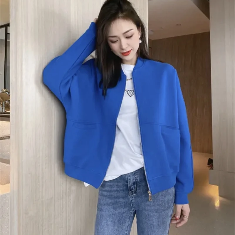 Spring 2023 New Zippered Solid Color Baseball Jacket Sportswear Short Jacket Women\'s Loose Casual Top Cardigan