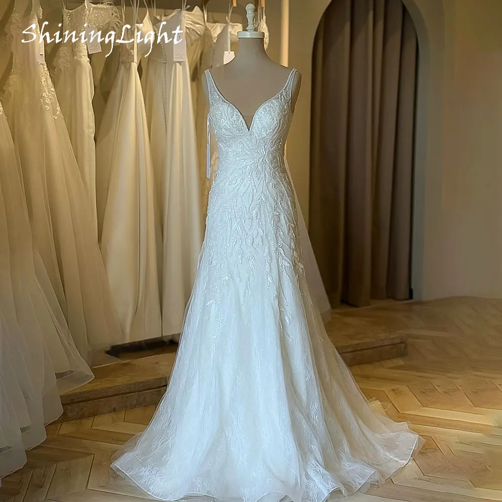 

ShiningLight Sparkly Boho Wedding Dress V Neck Glitter Appliques Tulle Beach Bridal Wedding Gowns Vestido de Novia Customized