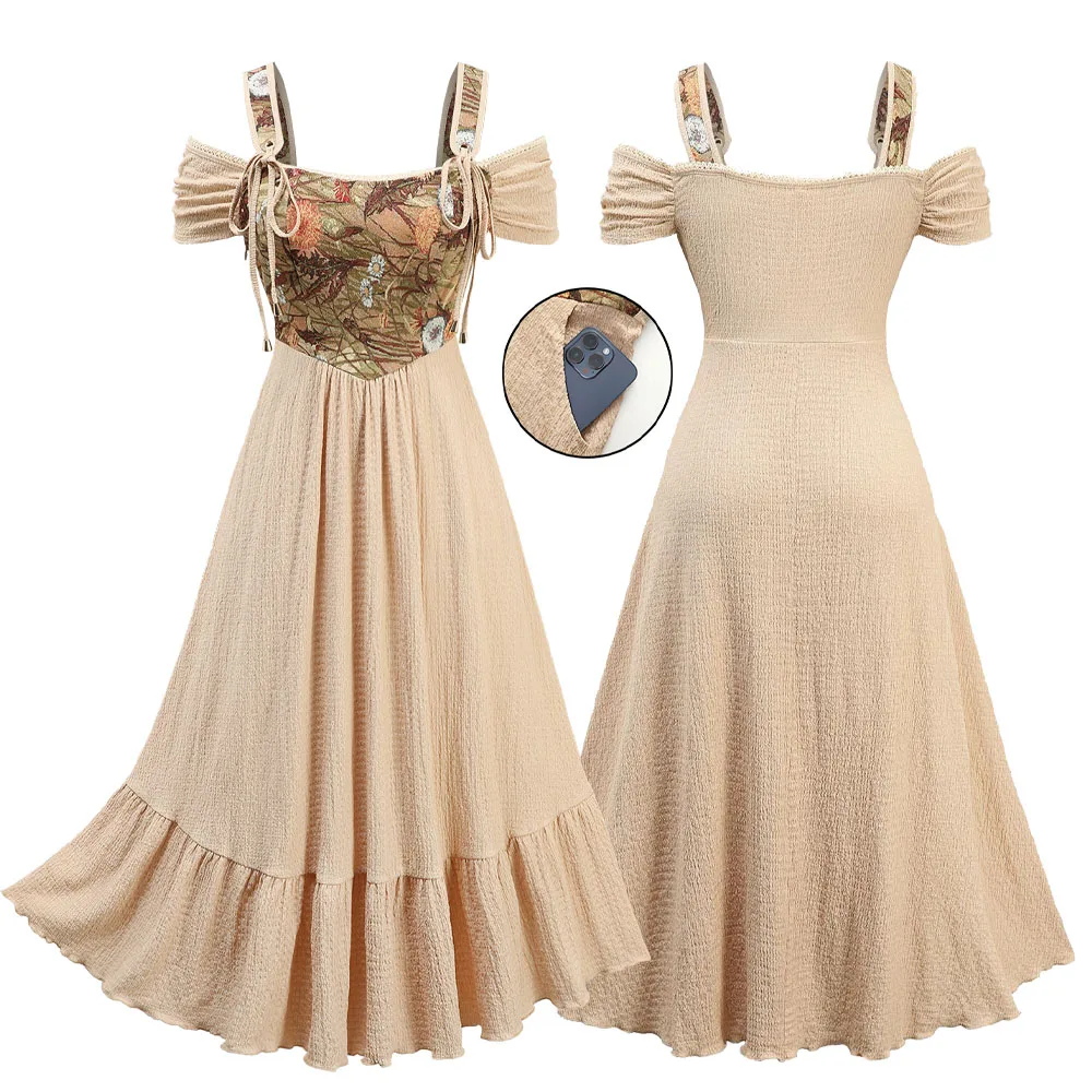 שמלות מידה גדולה ROSEGAL עם כתפיים חשופות, הדפס פרחים, תחרה משובצת בפפיונים וכיסים, שמלת מידי קז'ואל לאביב ולקיץ