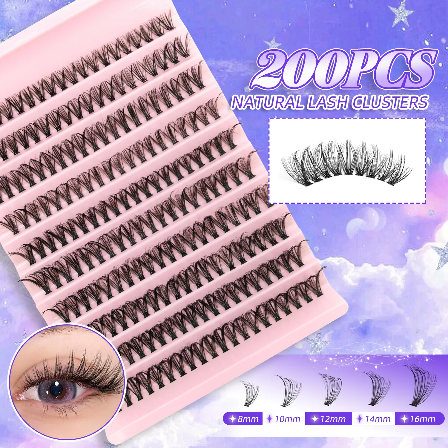 200PCS D Curl Eyelash Cluster Set with 30D40D80D and 80D Spiky Style Natural Wispy Volume Lashes