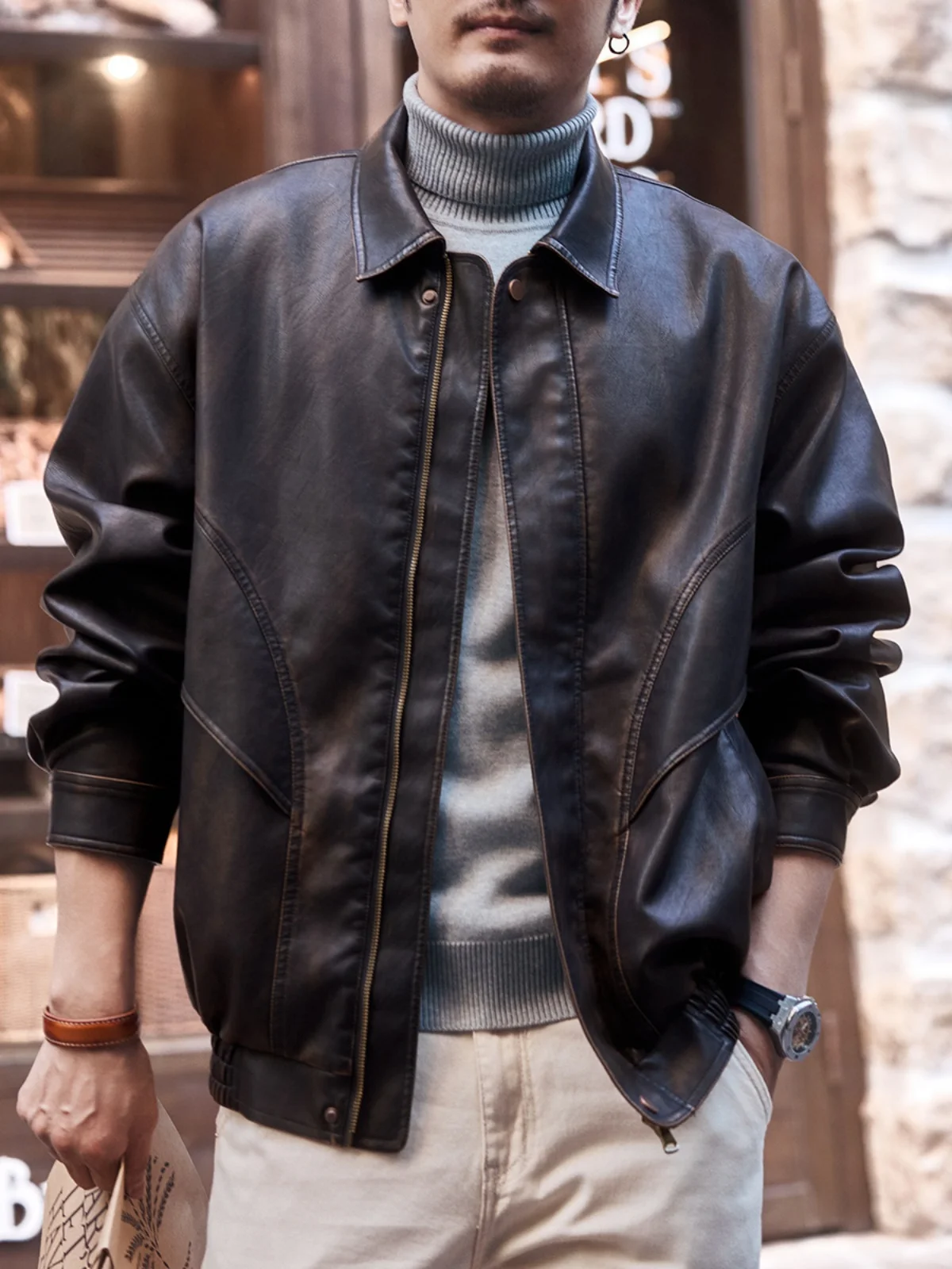 

avel Deer High-End Casual Loose Men's PU Leather Jaet Cool And Haome Outerwear for Spring Autumn Seasonal Wear