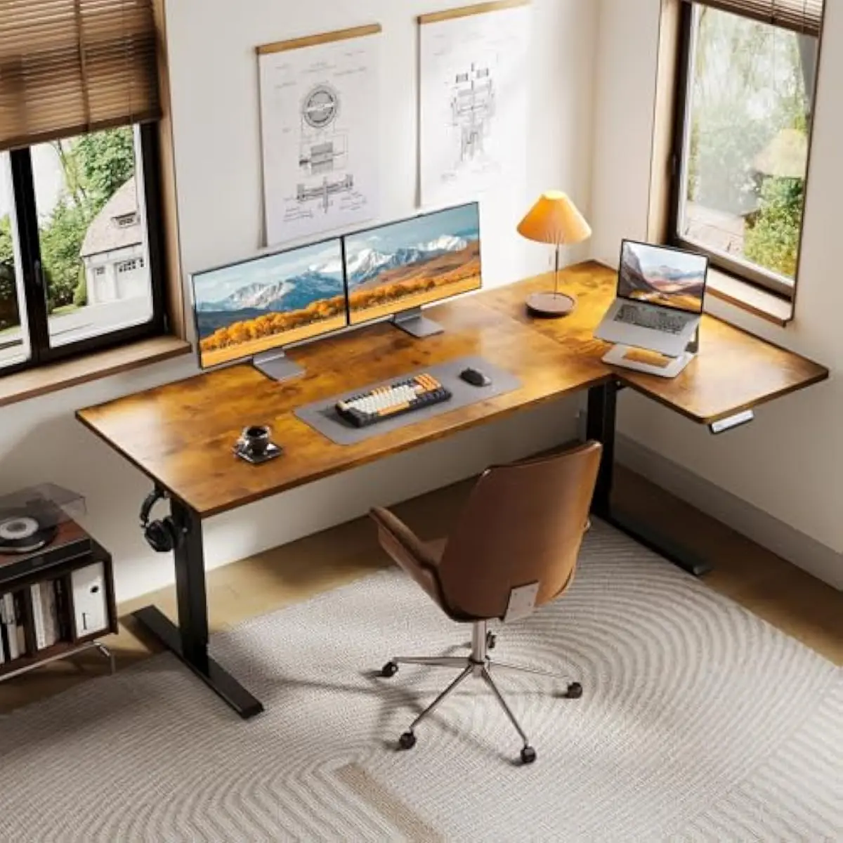 63 Inch L Shaped Electric Adjustable Desk with Reversible Side Panel Modern Rustic Brown Finish Engineered Wood Top Carbon Steel