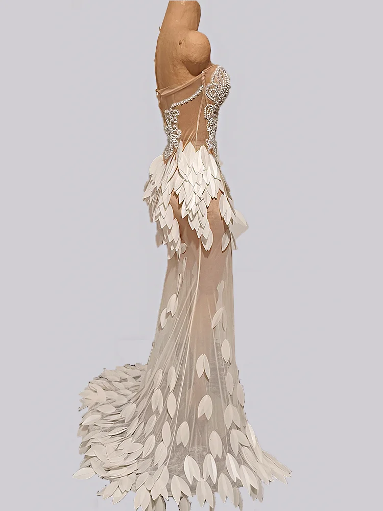 New Women Event Costume White Pearls Long Dress Drag Queens Stage Costumes Show Girl Singer Birthday Prom Party Wedding Clothes