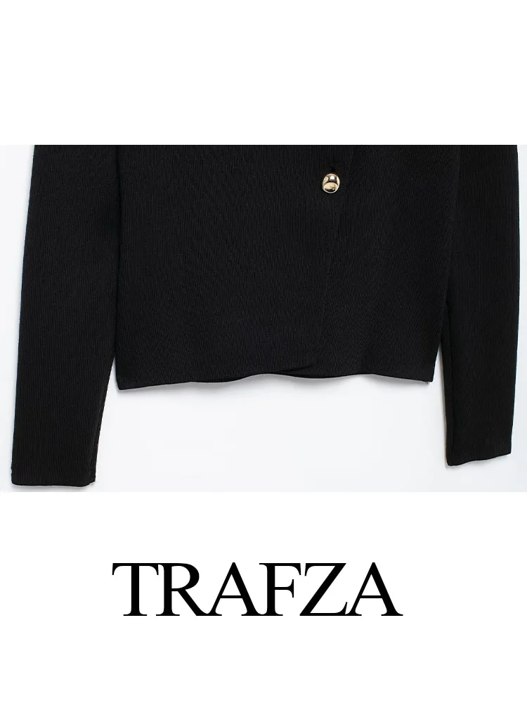 TRAFZA Autumn Coats Woman 2024 Trendy Black V-Neck Long Sleeves Single Breasted Sweater Tops Female Casual Slim Cardigans