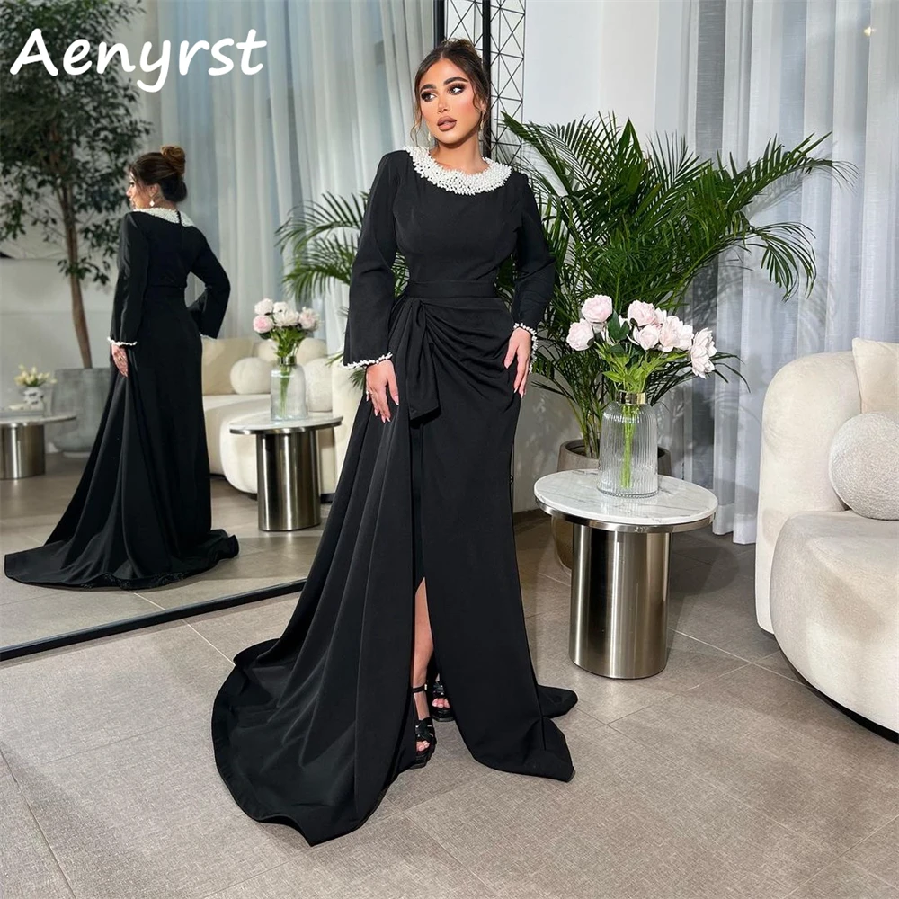 

Aenyrst Black O-Neck Pearls Prom Dresses Long Sleeves Split Saudi Evening Gowns For Women Floor Length Formal Occasion Dress