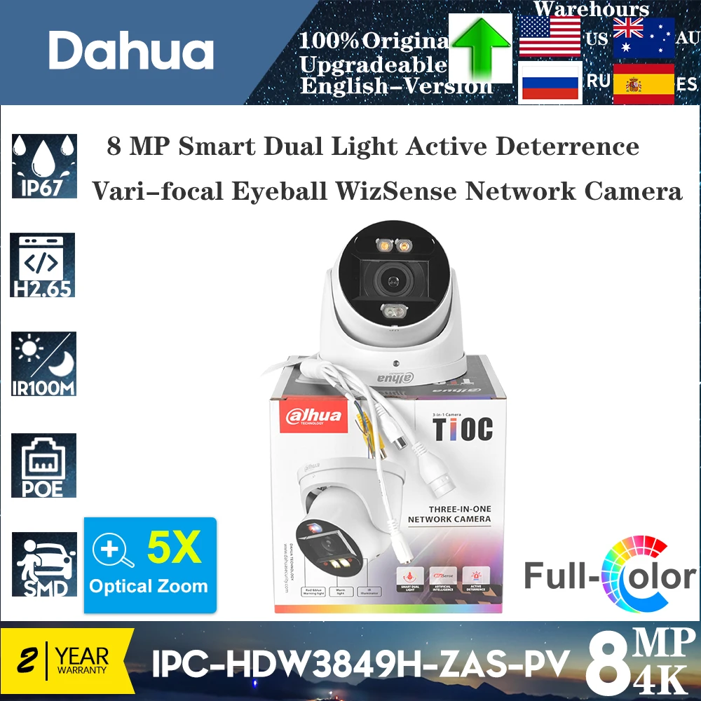 

Dahua 4K 8MP IPC-HDW3849H-ZAS-PV Built-in Dual Smart Dual Light Active Deterrence Vari-focal Eyeball WizSense Network Camera