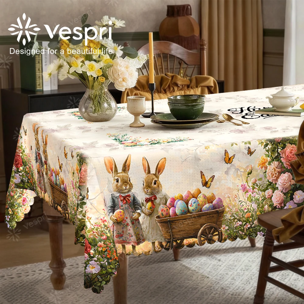 Vespri Oster-Tischdecke mit Hasen-, Blumen- und Schmetterlingsdruck, Weiß-Beige Polyester-Tischdecke für Restaurants, Partys und Dekoration