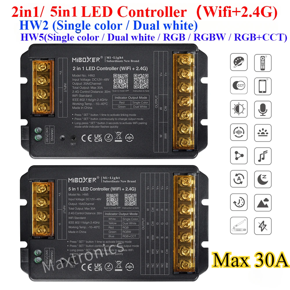 

NEW Miboxer 2.4GHz WiFi+RF Controller HW2 HW5 2IN1/5IN1 DC12~48V Max 30A For Single Color/Dual White/RGB/RGBW/RGB+CCT Led Strip