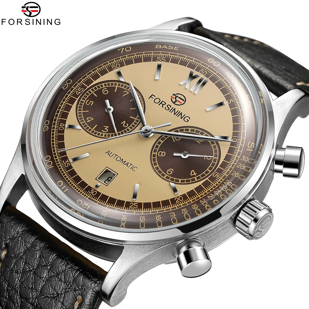 Forsining Retro New Luxury Men's Mechanical Automatic Watch Classic Silver Black Concave Glass Date Two Sub-Dials Gift for Lover