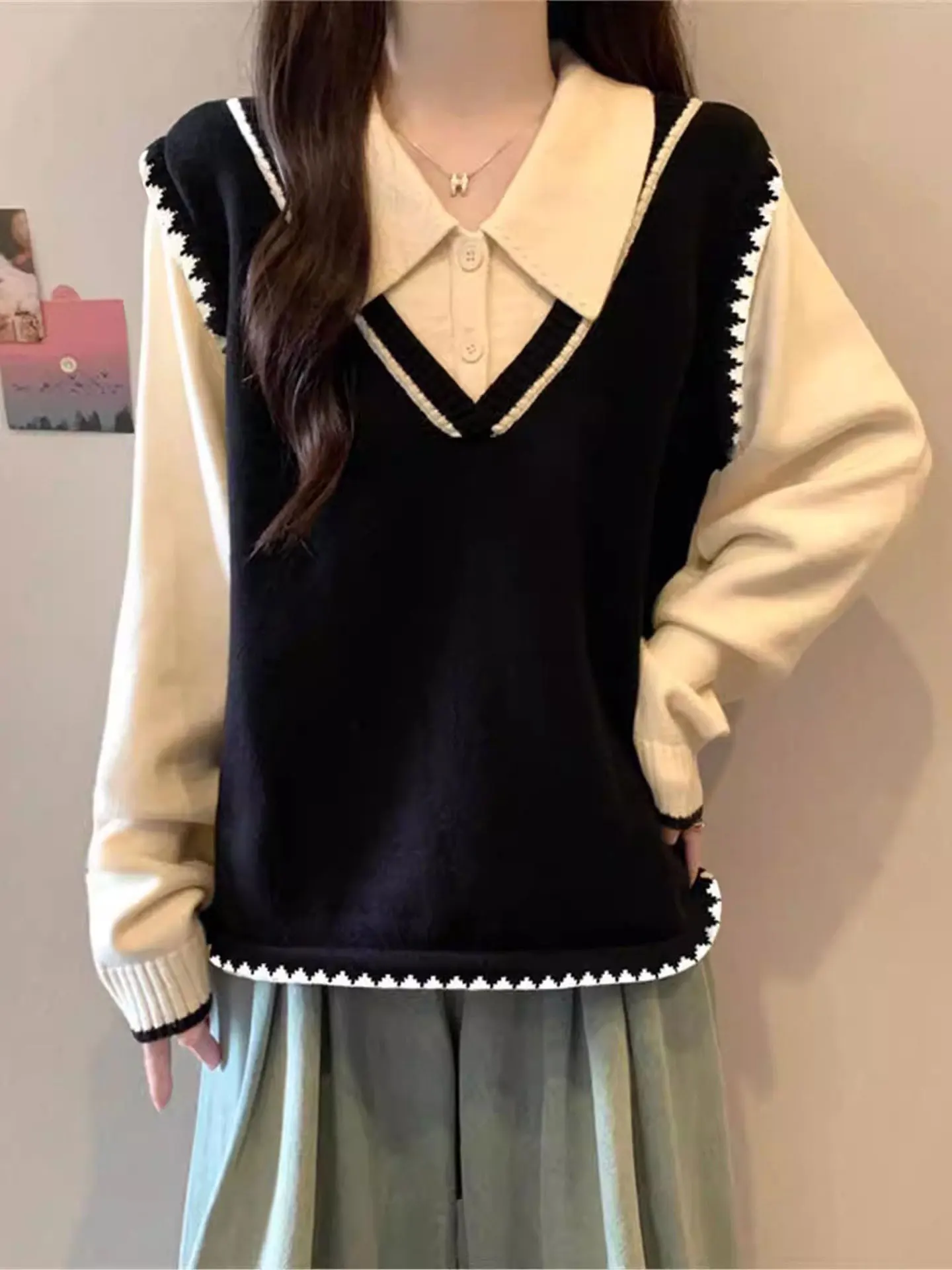 

Свободный длинный вязаный свитер для похудения, дизайн Sense, двухсекционный весенний женский повседневный топ большого размера, облегающий топ