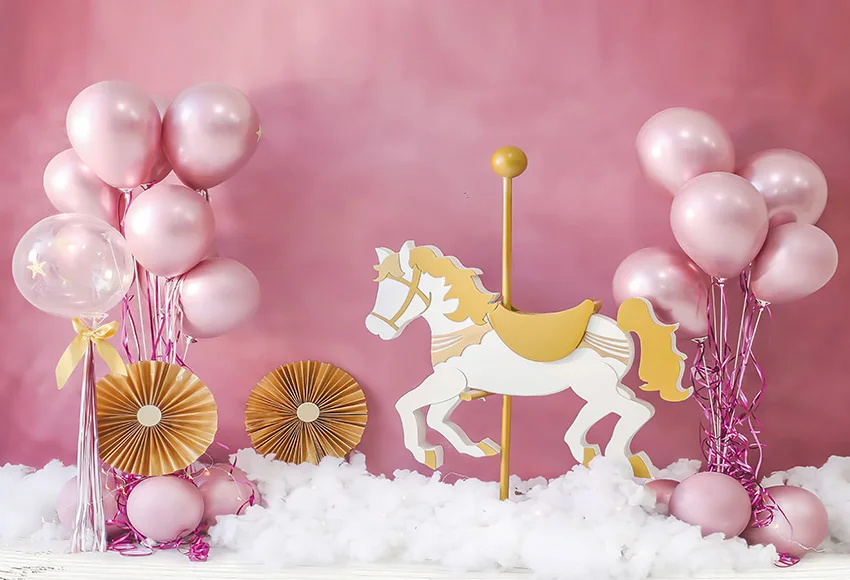 Mehofond การถ่ายภาพพื้นหลังบอลลูนสีชมพู Carousel เจ้าหญิง1st วันเกิดเค้ก Smash Decor ฉากหลัง Photo Studio