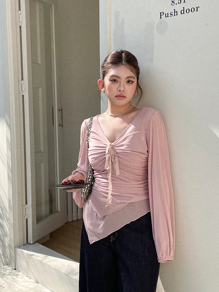 

Elegant plus Size Women's Long Sleeve Lace Shirt Beautiful Spring Fashion V-Neck Tie Waist Slimming Top Stylish Fairy-Like