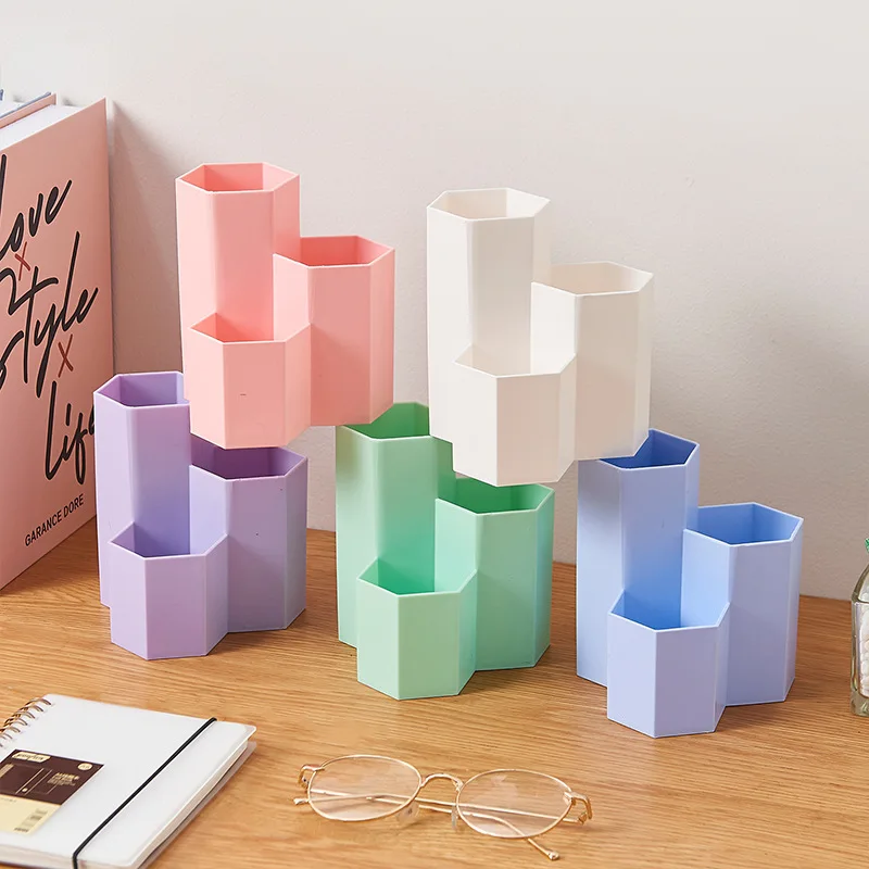 Desktop pen holder cute retro office pen bucket stationery storage box girly heart makeup brush