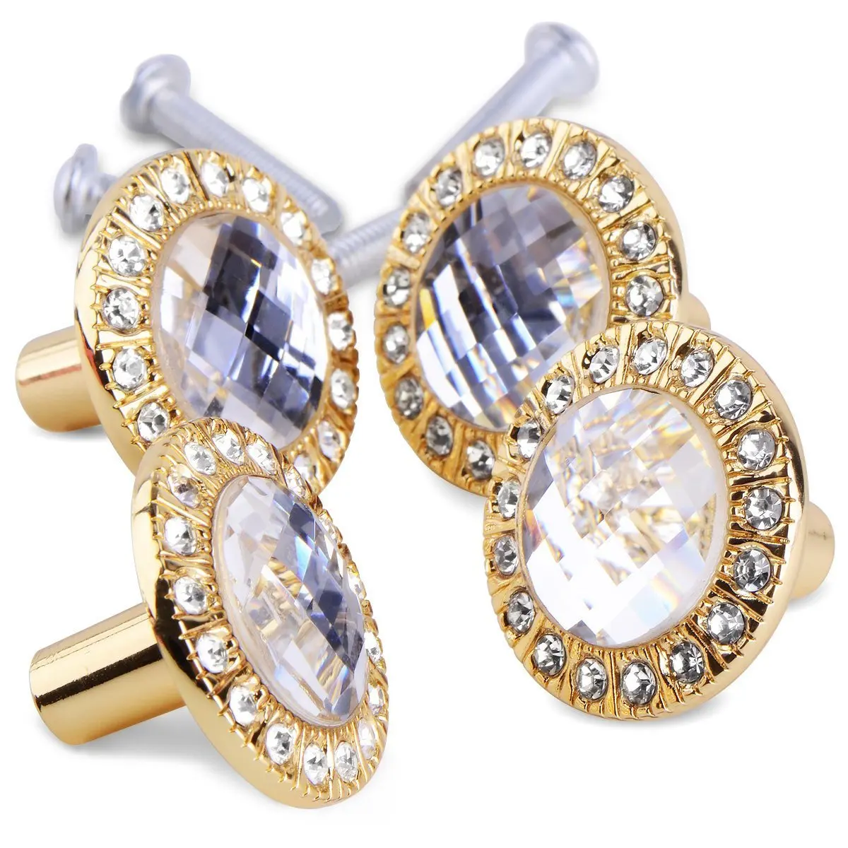 

4Pcs Brilliant Crystal Rhinestones Golden Metal Door Knob Pull Handles 31mm 24mm for Kitchen Cabinet Cupboard Drawer