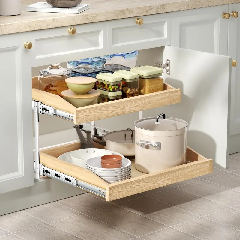 2 Tier Pull Out Cabinet Organizer, Double Tier Slide Out Wood Cabinet Organizer with Soft Close, Pull Out Drawers