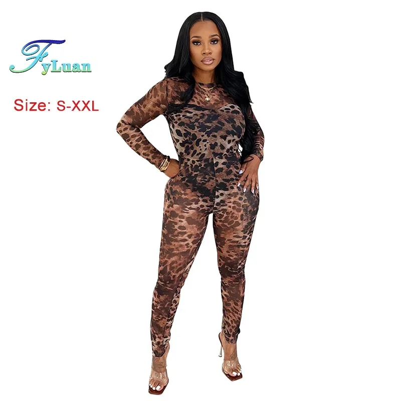 مثير Bodycon حللا ملابس حريمي ليوبارد شبكة طباعة شبه منظور الانتقال دعوى طويلة الأكمام ارتداءها ملهى ليلي نادي الملابس