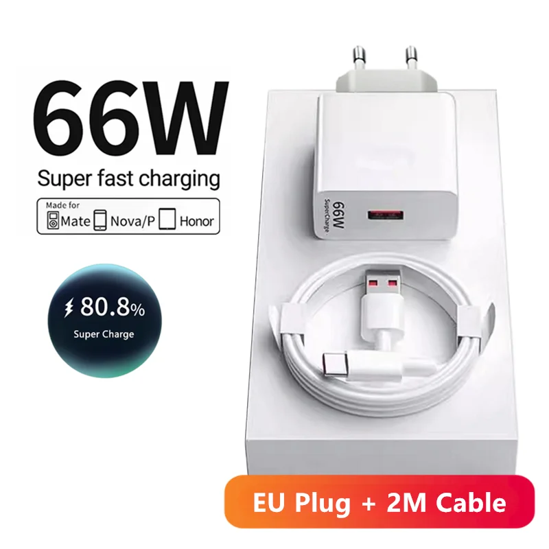 6A 66W Supersnelle EU-wandlader voor Huawei Mate 40 50 60 P50 Nova 8 9 10 Honor 90 100X7X8X9 Magic Type C Opladen USB-kabel