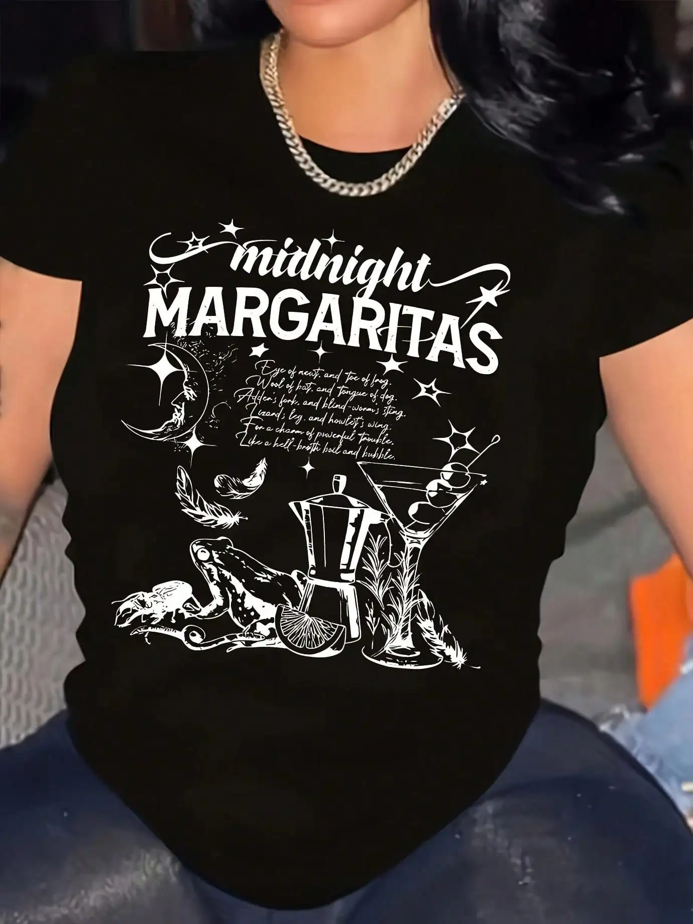 

Women's Plus Size Graphic Tee - Midnight Margaritas Print, Short Sleeve, Round Neck, Stretchy Polyester Blend, Machine Washable