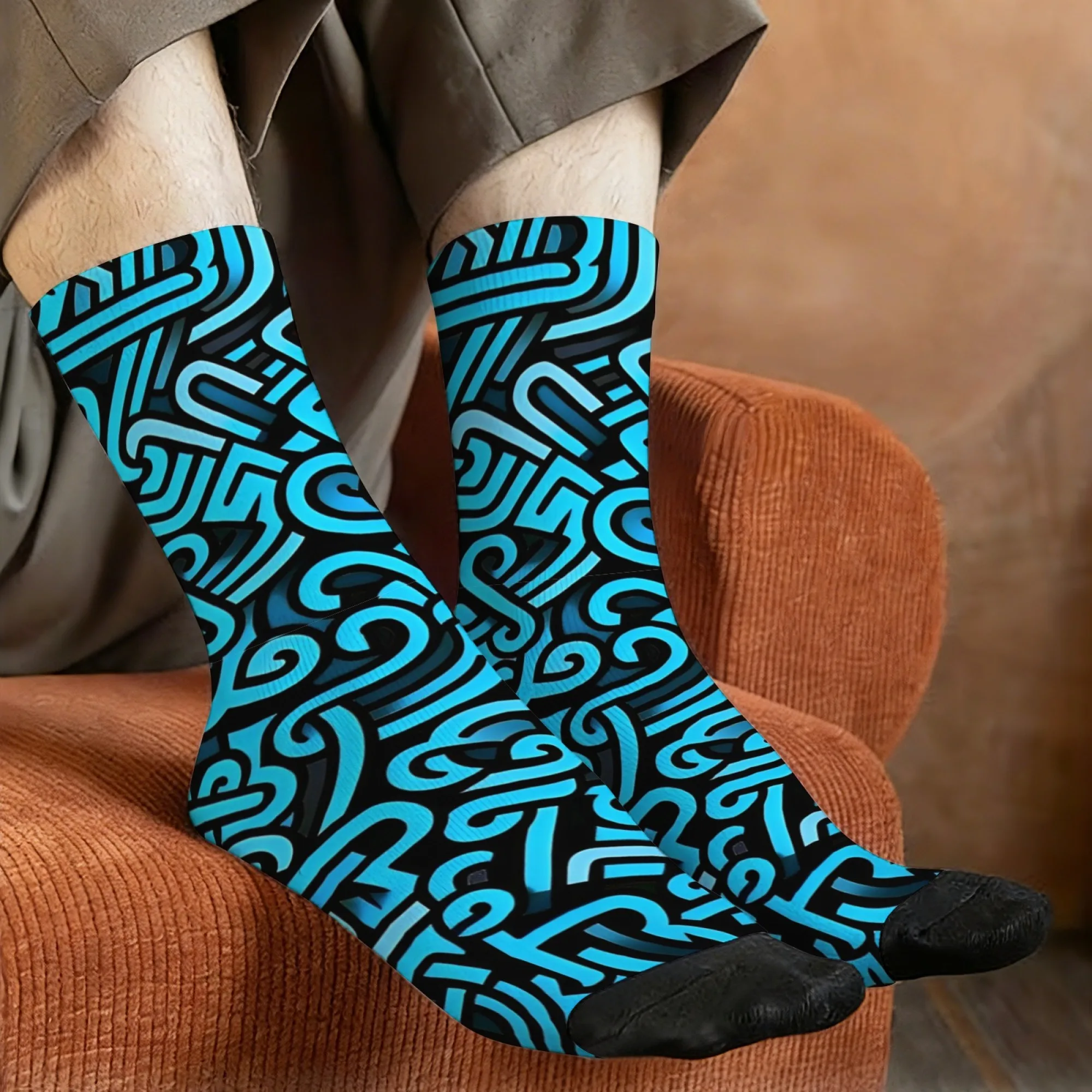 Blue and Black Abstract Line Print Men's Mid-calf Socks Futuristic and Stylish for A Rebellious Street Breathable Outdoor Wear