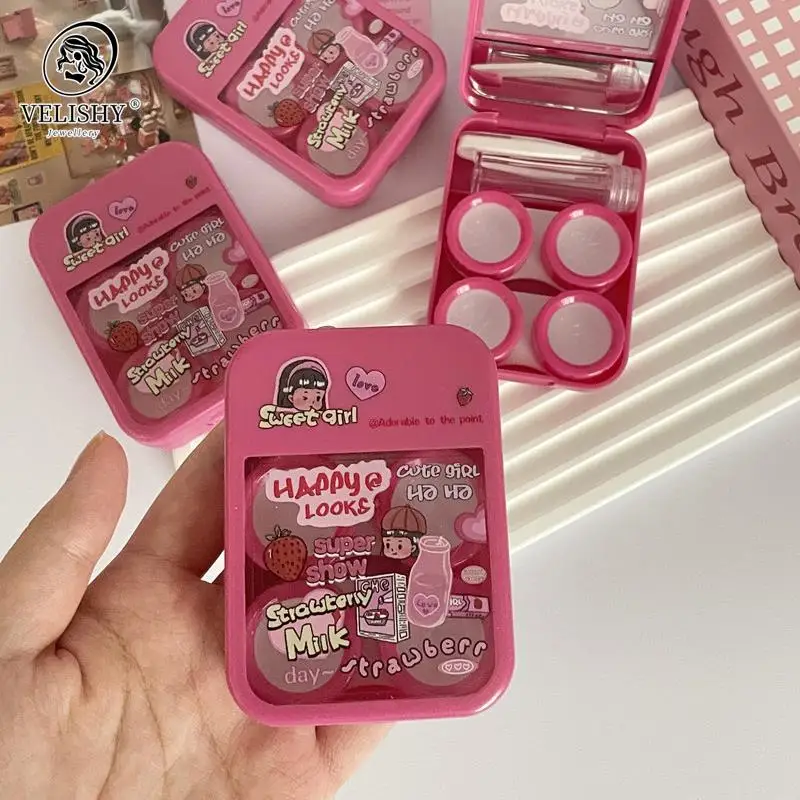 Kawaii Mini Contact Lens Case Container with Mirror Women Contact Lenses Box Eyes Contact Lens Storage Box Lovely Travel Kit Box