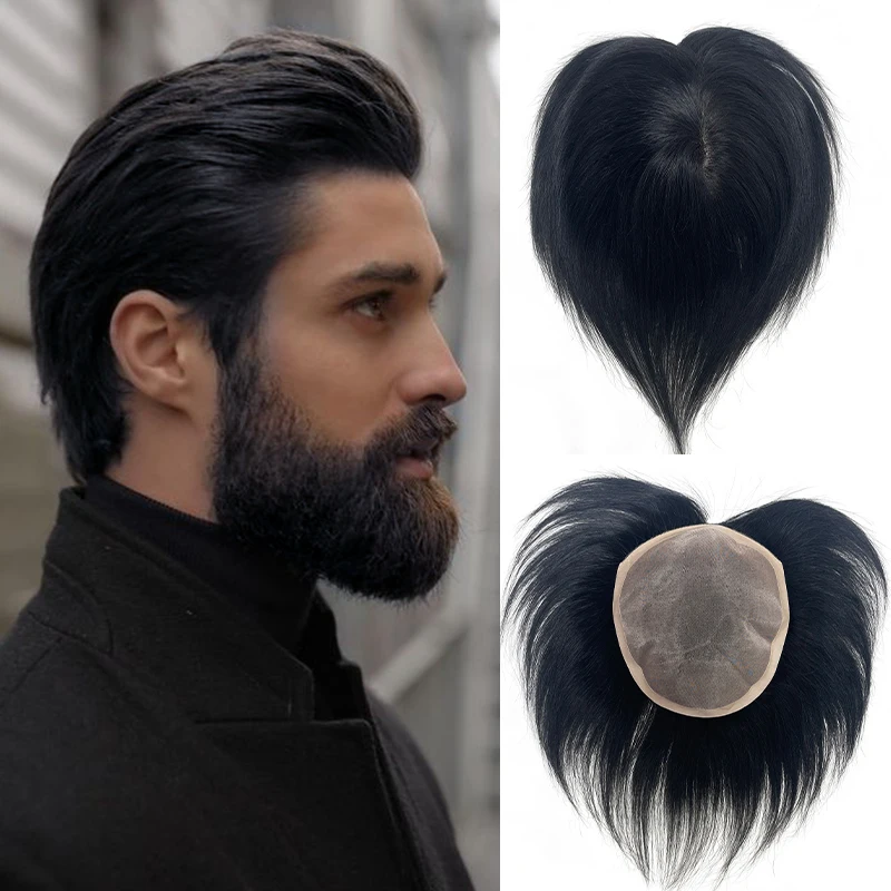 100% Human Hair Men Top Wig Make A Hairstyle At Will Natural Breathable Wig Thinning Hair Cover-Up Forehead Balding Concealment