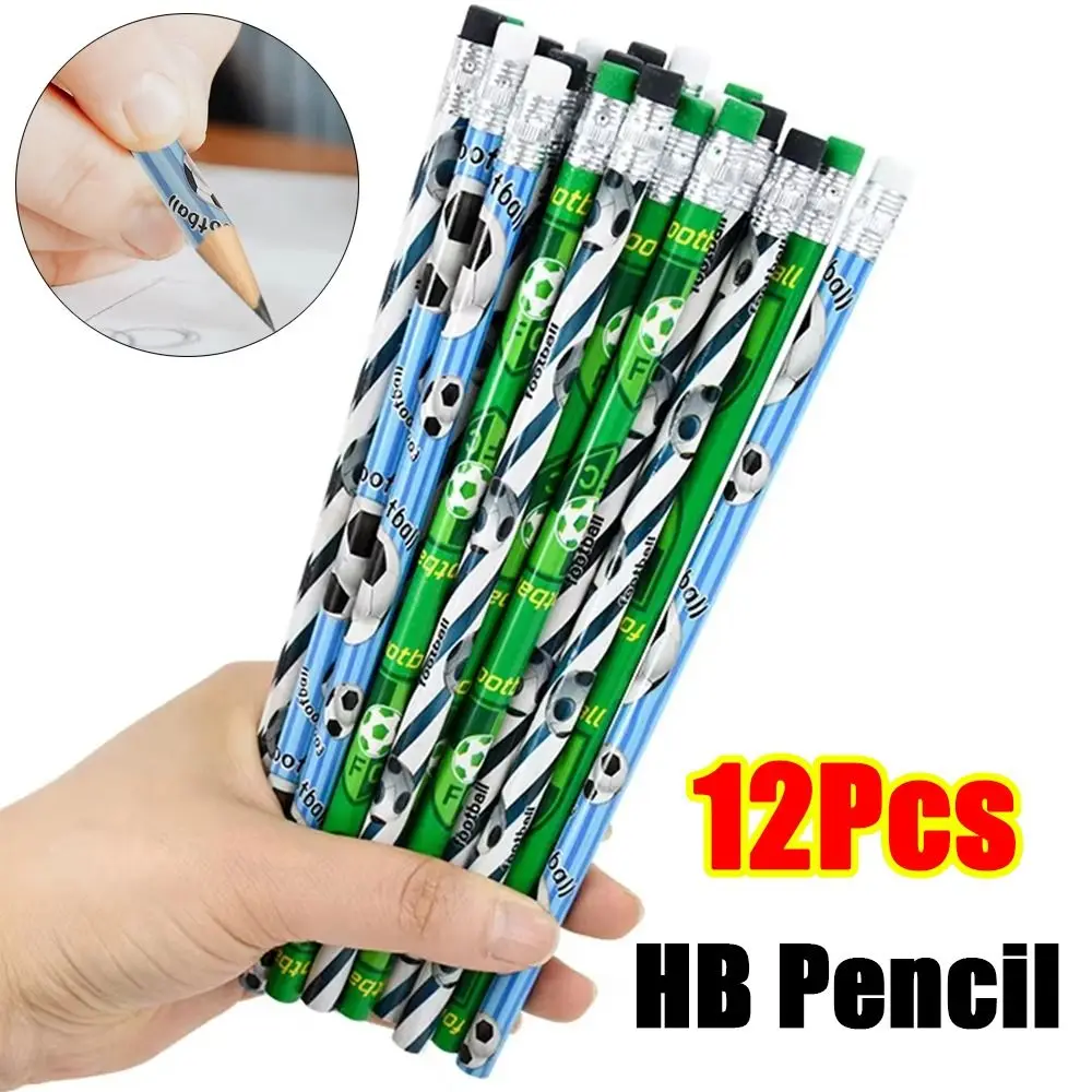 

12Pcs New HB Pencil Cartoon Football Party Theme Wood Pencil with Eraser Drawing Stationery for Children Student
