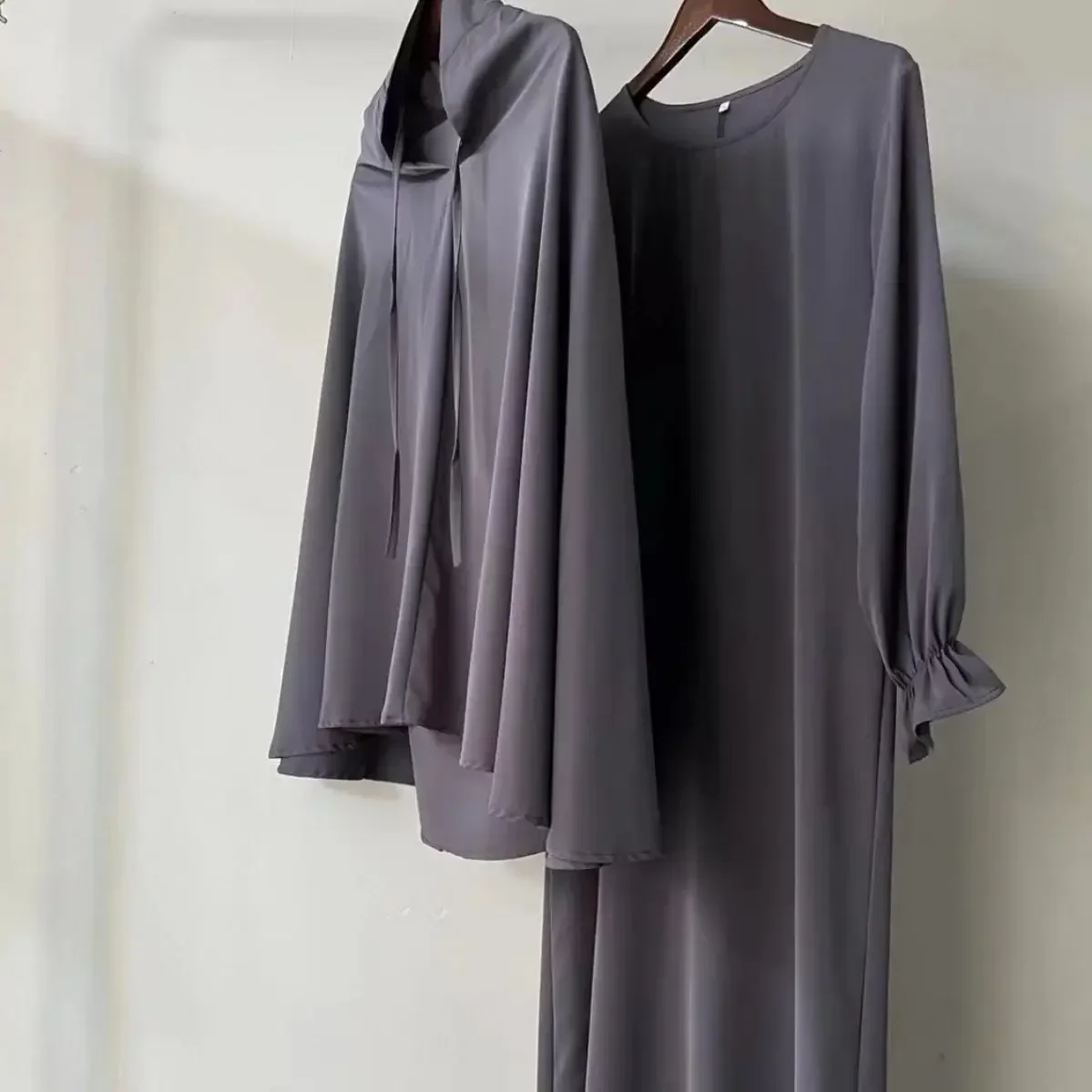 Roupas muçulmanas modas para mulheres, vestido de mangas compridas, lenço hijab, conjunto muçulmano, Islã, Eid, Dubai, cor sólida, 10 cores