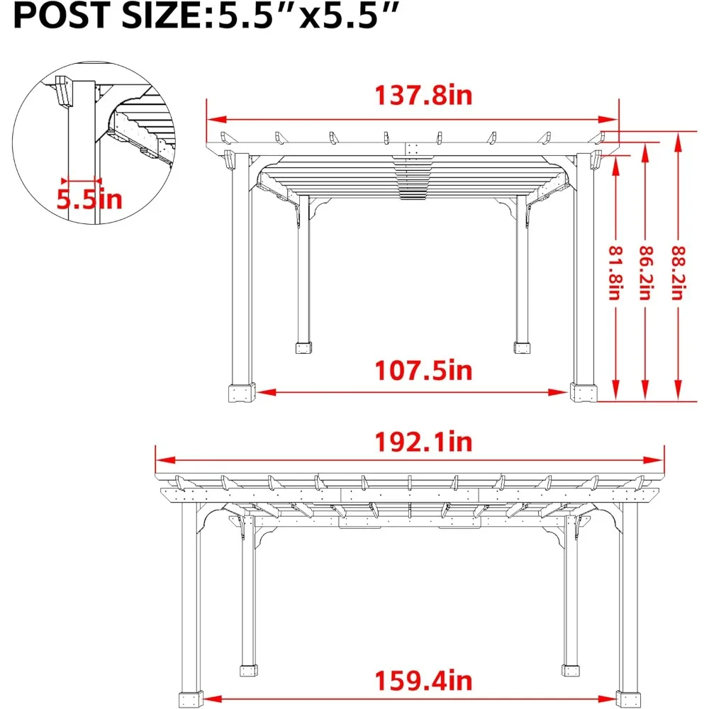 12 X16 FT Wooden Pergola, Cedar Wood Gazebo with Flat Roof, Outdoor Garden Shelter with Stakes Included, Patio, Deck, Backyard