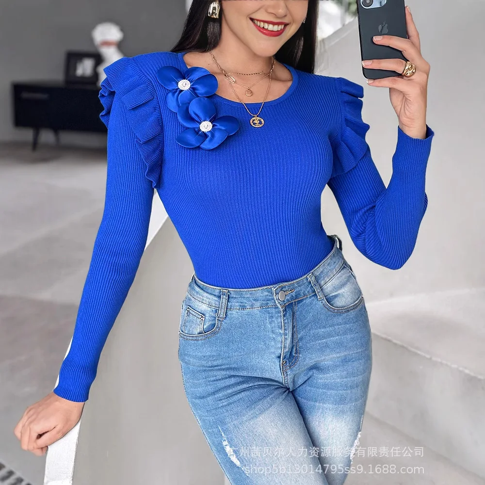 Women's Wooden Ear Edge Decorative Three-dimensional Flower Crew Neck Woolen Top for Women