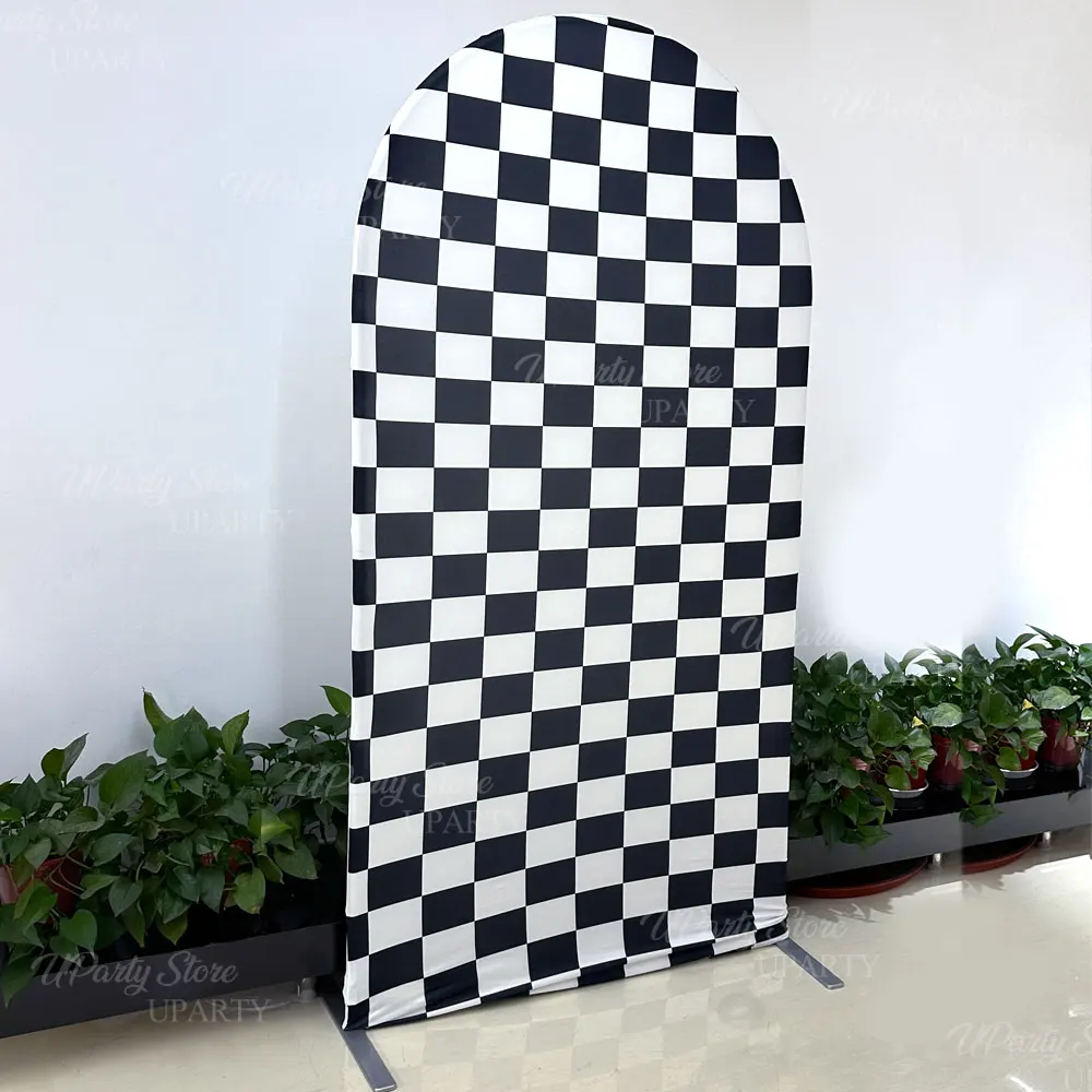 Race Car Party Backdrop Decorations Spandex Black White Checkered Racing Track Stand Arch Cover for Birthday Two Fast One Decor