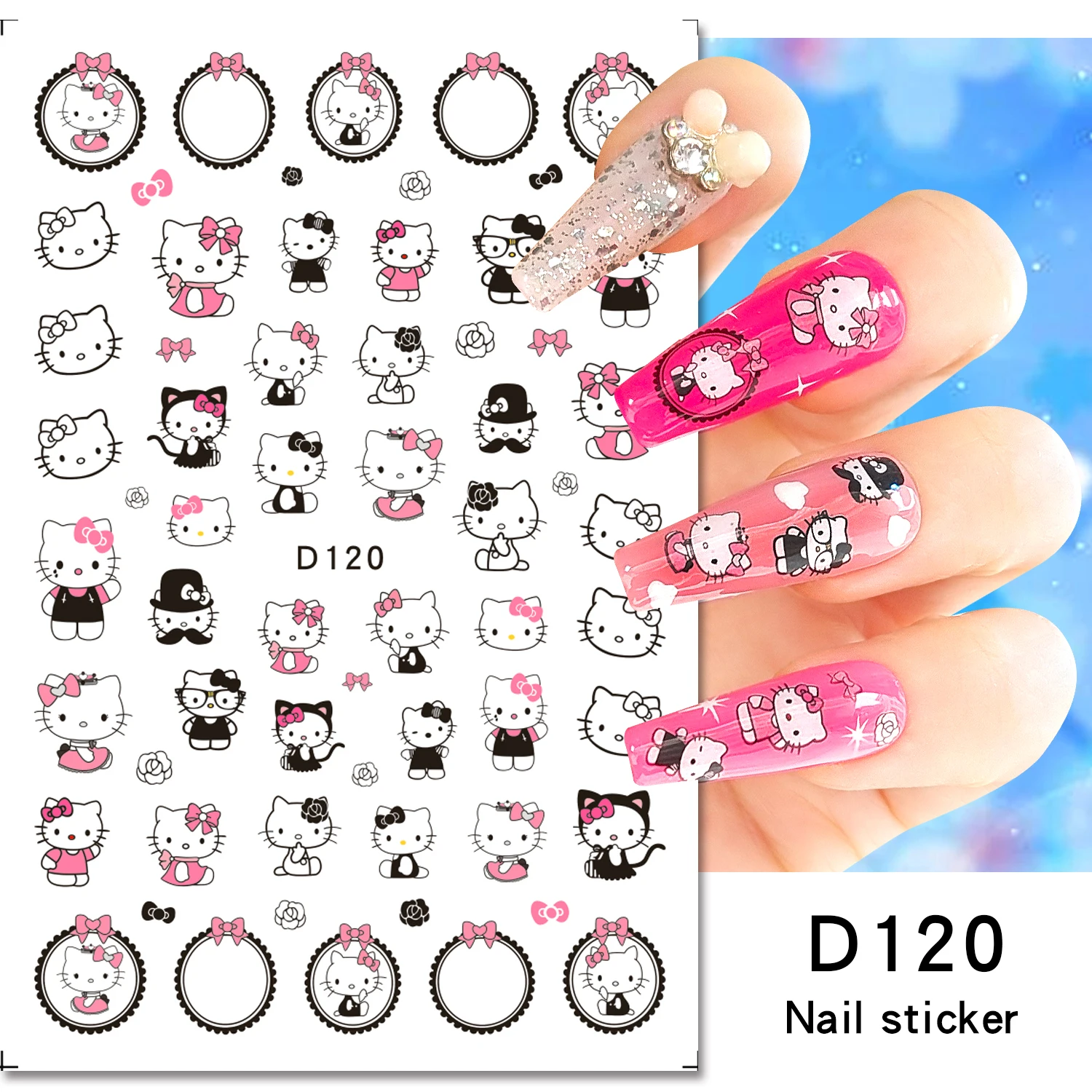 1pcs HelloKitty Nail Stickers Cute Pink Bow,flower Wreath HelloKitty Nail Art Slider DIY Cartoon Anime Nail Stickers Accessories