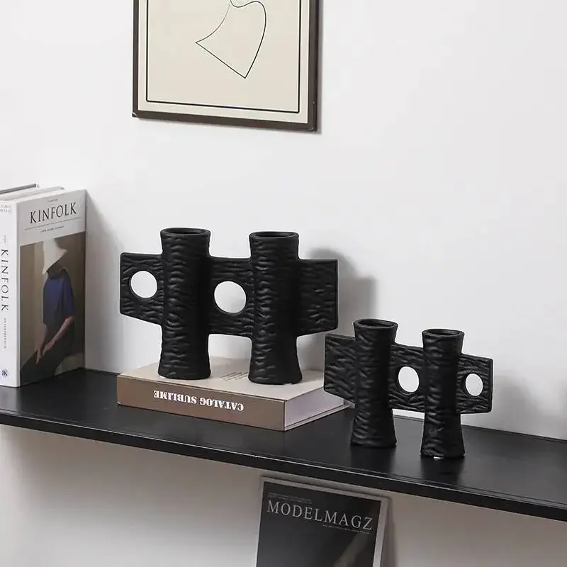 Black Art Ornaments Geometric Cross-shaped Hollowed Design Flower Arrangement Accessories Ceramic Handicrafts Home Decoraction