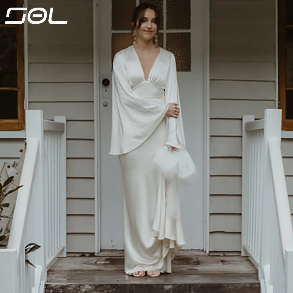 SOL-Robes de mariée élégantes en satin à col en V profond, manches longues chauve-souris, dos sexy, longueur au sol, patients, quelle que soit Boho VestiEducational De Novia