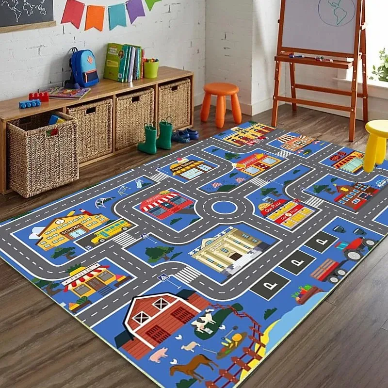VIKAMA City Traffic Car Play Mat Non-slip Kids Rug for Toy Cars Playroom Bedroom Floor Mat Home Decor