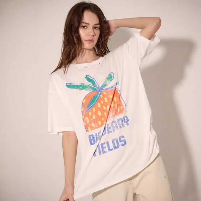 T-shirt ample et décontracté imprimé pour femmes, version Cleanfit H 2025, hiver d'âge moyen, 00% lin, autres matériaux 00%