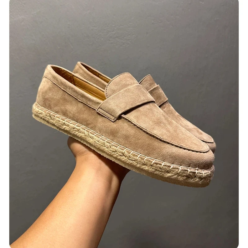 YETTIES Men's Breathable Sheep Suede Espadrilles Premium Lambskin Leather Slip-On Lazy Loafers with Jute Sole & Comfortable Fit