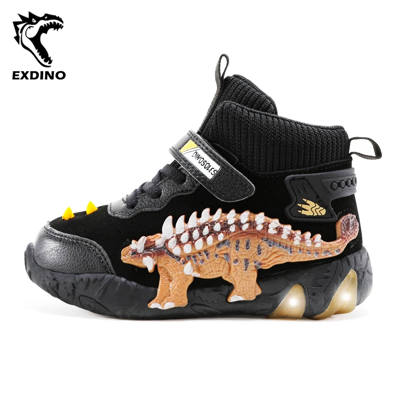 EXDINO Children's LED Dinosaur Autumn Winter Boys Genuine Leather Shoes Little Kids ankylosaur Light Up Casual Glowing Sneakers