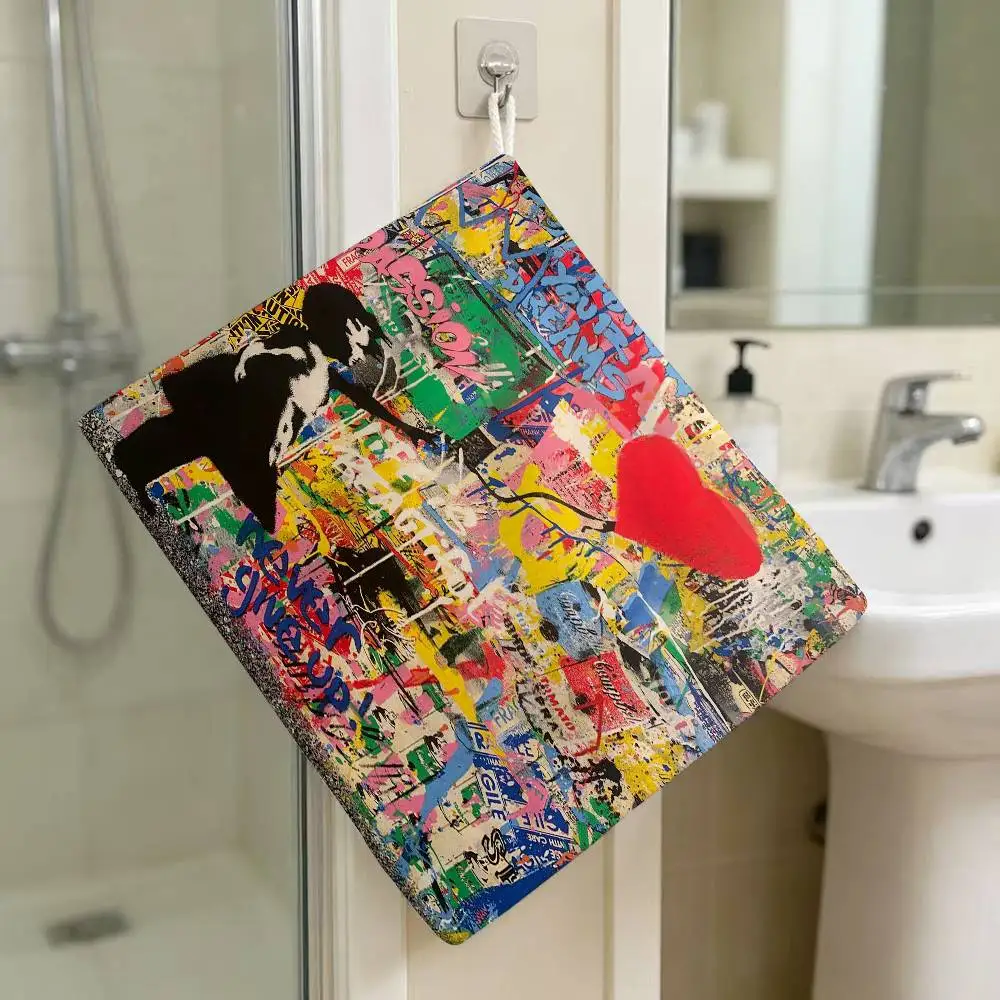 Banksy Street Graffiti Art Polyester Cotton Hanging Kitchen Towel Skin Friendly Hand Wiping Towel For Hotel Cafe Household