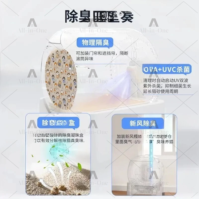 The sandbox is fully enclosed and automatically cleaned to remove odors. Electric cat toilet