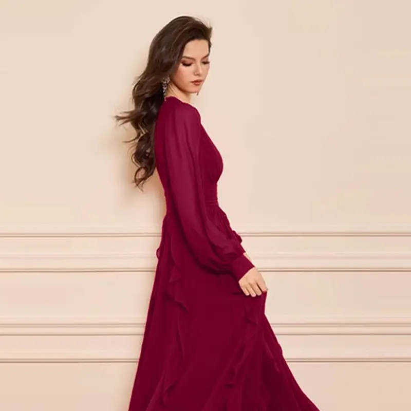 Ele Classic Red Belted Dr مع تصميم كشكش تنورة طويلة ملابس نسائية قابلة للتنفس من ألياف البوليستر #5