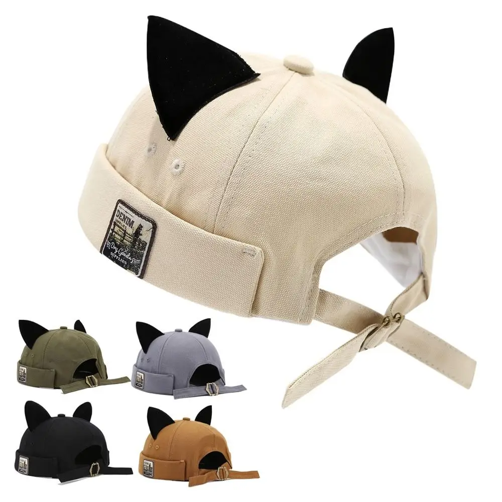 Adjustable Hip Hop Melon Docker Cap Cute Cat Ears Brimless Hat Rolled Cuff Solid Color Retro Skullcap Outdoor Daily