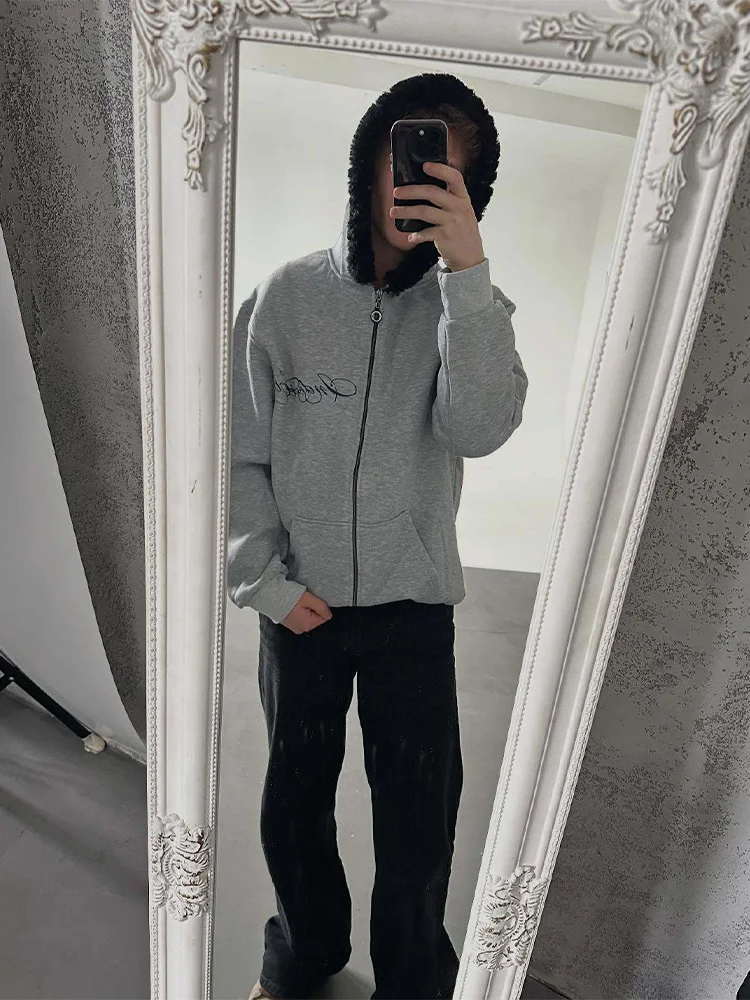 Zimowa ciepła bluza z kapturem, podszyta sztucznym futrem, damska, modna, z nadrukiem, zapinana na zamek, damska, codzienna, oversize, streetwearowa, wygodna bluza z kapturem, 2026