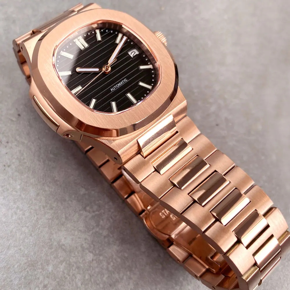 تخصيص كامل ارتفع الذهب مربع نحى حالة التلقائي الرجال ووتش NH35 حركة 10ATM للماء الياقوت الكريستال البني الهاتفي