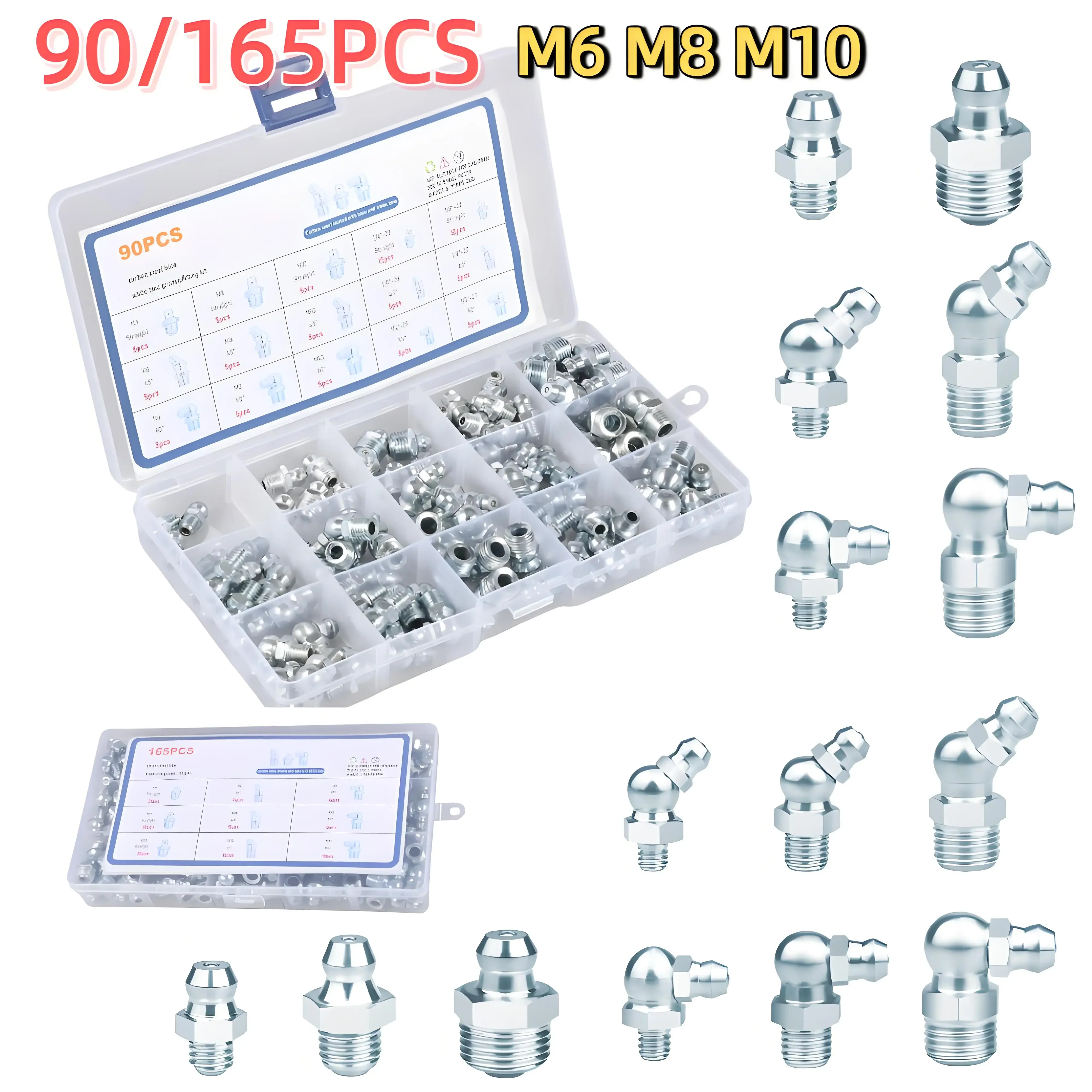 

165 Pcs Metric Grease Fitting Assortment M6 M8 M10 Straight 45°/90°Angle Galvanized Metal Grease Nipple for Automotive Repair