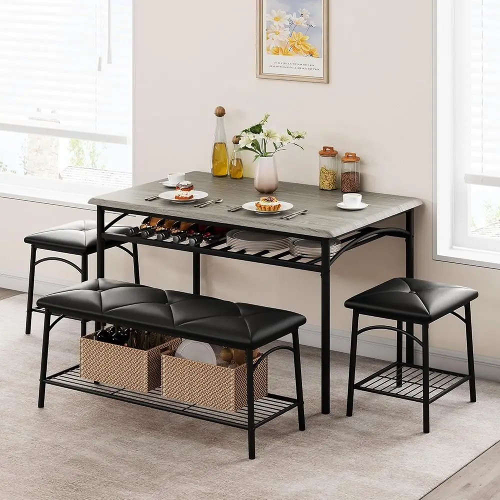 

4-Piece Dining Set with Upholstered Bench and Square Stools for Small Spaces
