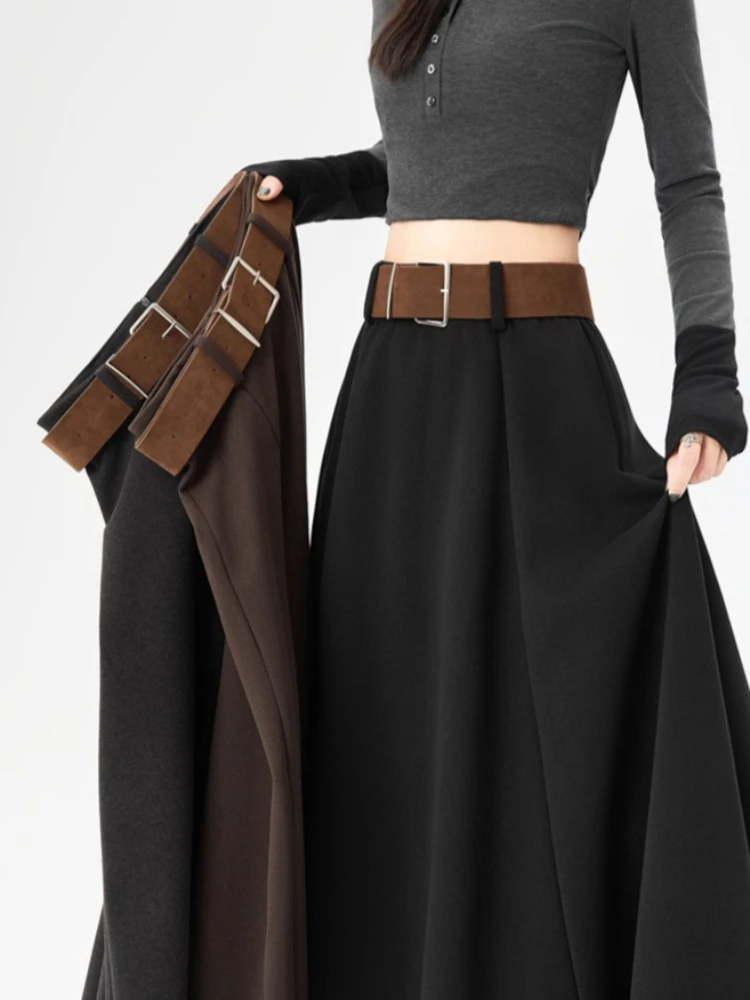 تنورة طويلة سميكة عالية الجودة للنساء لخريف وشتاء 2025 تنورة عالية الخصر مع حزام عتيق أنيق بقصة ضيقة ملابس الشارع Faldas جديد