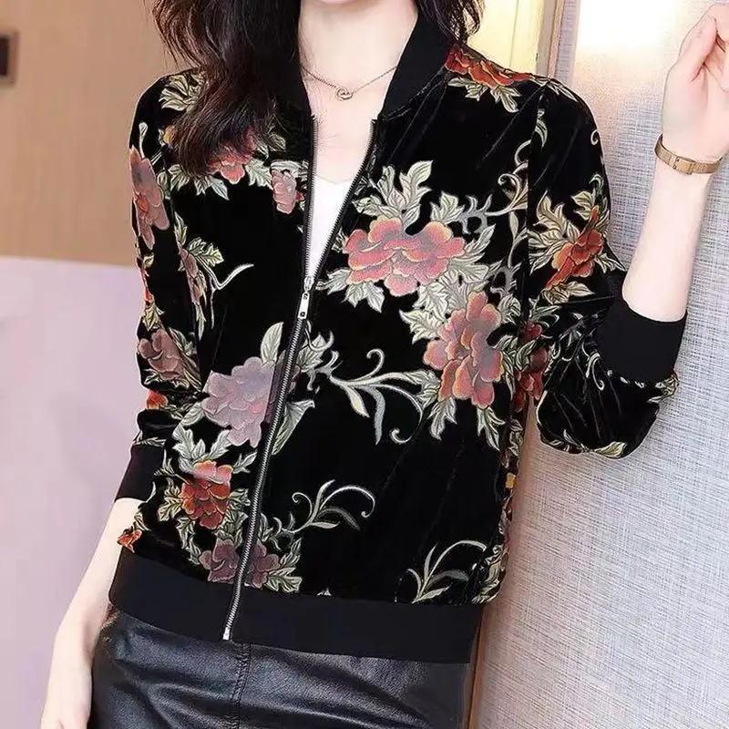 

Casual Golden Velvet Coat Spring Autumn New Long Sleeve Zipper Patchwork Printing Short Coats Top Vintage Fashion Women Clothing