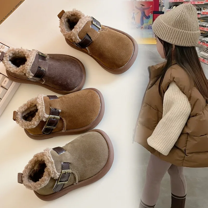 Children Flats Shoes 2026 Winter Warm Plush Cotton Snow Boots Soft Sole Anti-Slippery Footwear Girl First Walker Casual Shoes